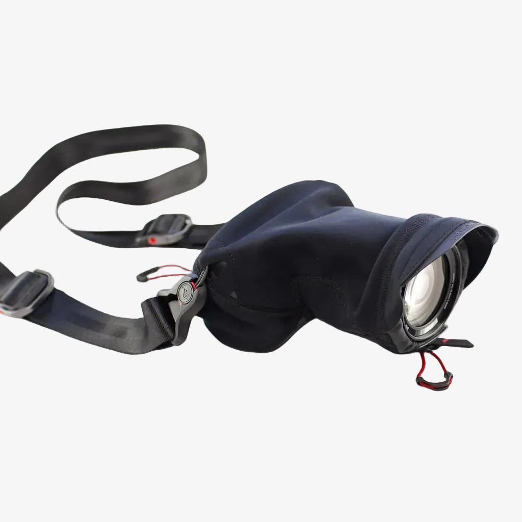 Black camera lens with strap on a white background