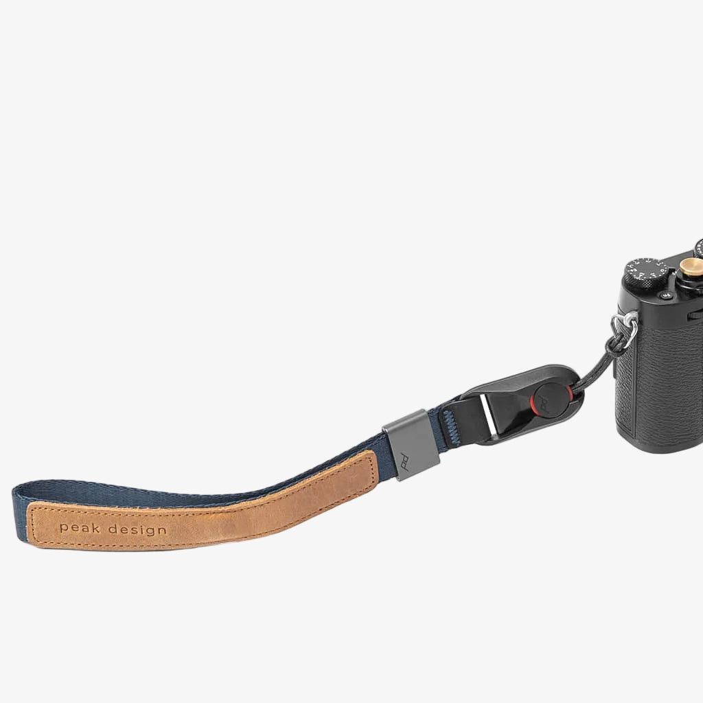 midnight peak design cuff strap attached to camera
