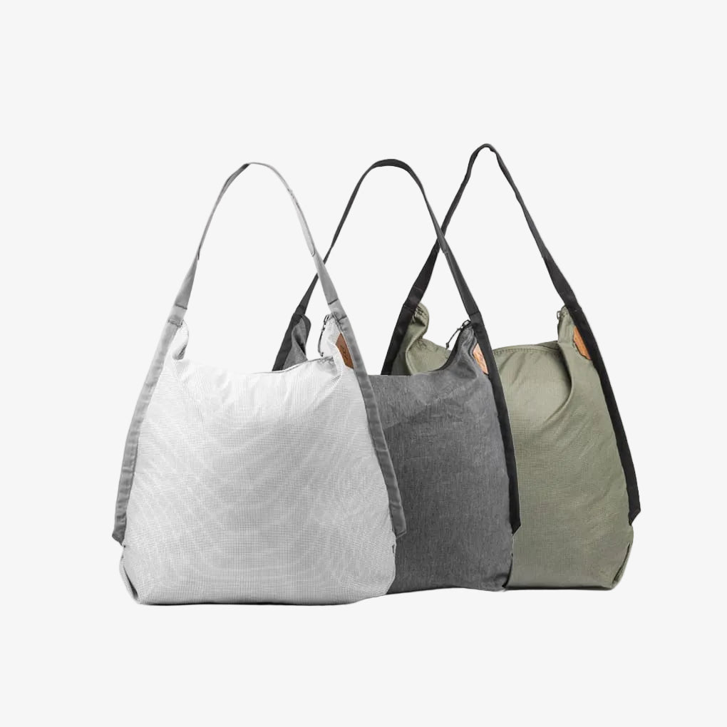 three peak design packable tote raw, charcoal, and sage