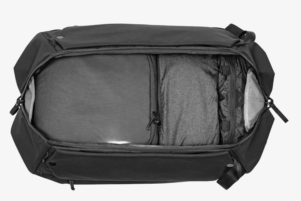 opened black peak design duffelpack 65l