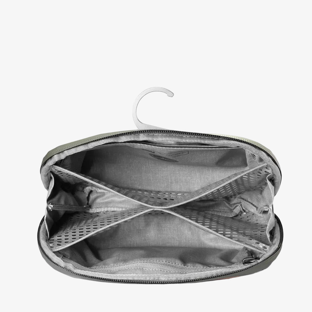 opened black peak design small wash pouch with hook