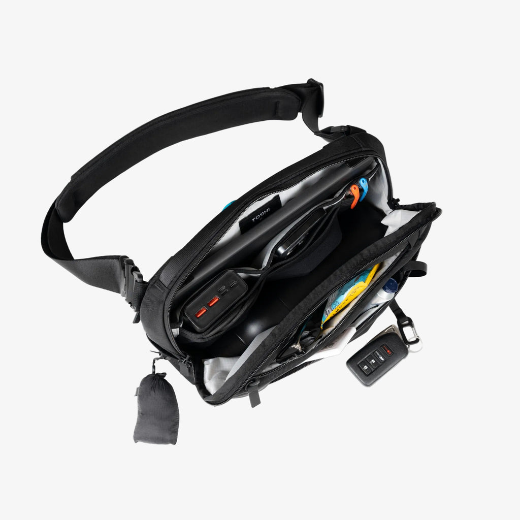 Black Toshi 6-liter shoulder bag open compartment
