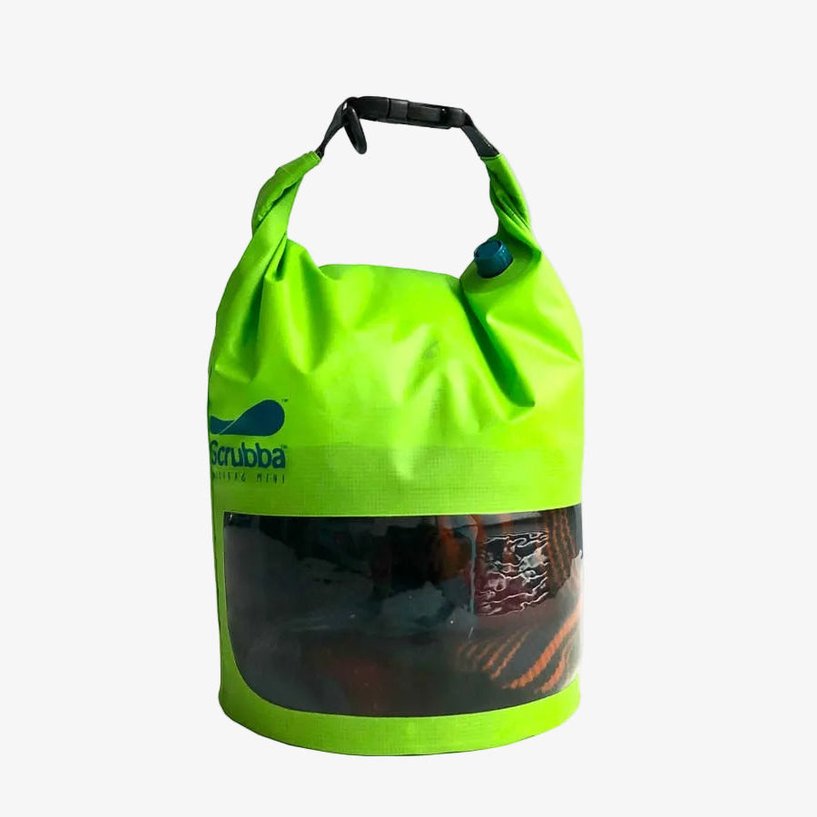 Scrubba green dry bag with a handle on a white background
